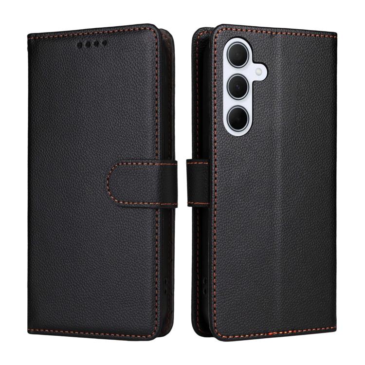 Funda de cuero con textura Litchi para Samsung Galaxy A55 5G, con bloqueo RFID y capacidad para 3 tarjetas (negro)