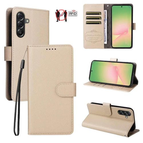 Funda de cuero tipo billetera con bloqueo RFID para Samsung Galaxy A56 5G, textura Litchi, para 3 tarjetas (beige)