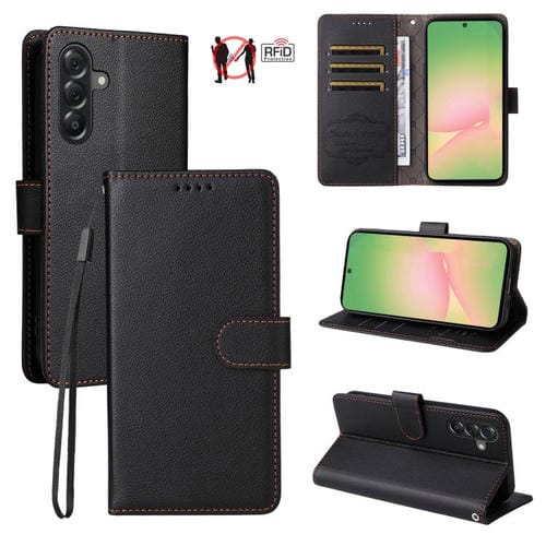 Funda de cuero con textura Litchi para Samsung Galaxy A56 5G, con bloqueo RFID y capacidad para 3 tarjetas (negro)