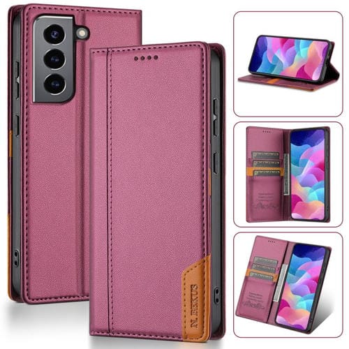 Funda de cuero con tapa magnética y costuras RFID para Samsung Galaxy S21 5G N.BEKUS P3 (rojo vino)