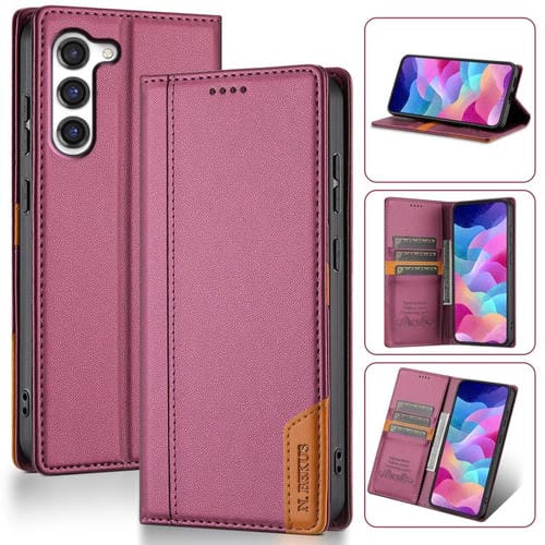 Funda de cuero con tapa magnética y costuras RFID para Samsung Galaxy S23 5G N.BEKUS P3 (rojo vino)