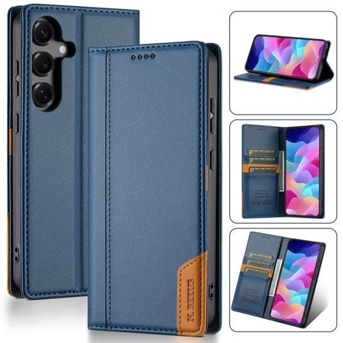 Funda de cuero con tapa magnética y costuras RFID para Samsung Galaxy S25 5G N.BEKUS P3 (azul)