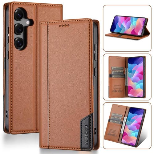 Funda de cuero con tapa magnética y costuras RFID para Samsung Galaxy S25 FE 5G N.BEKUS P3 (marrón)