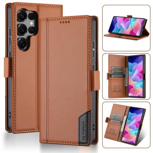 Funda de cuero con tapa magnética y costuras RFID para Samsung Galaxy S25 Ultra 5G N.BEKUS P3 (marrón)