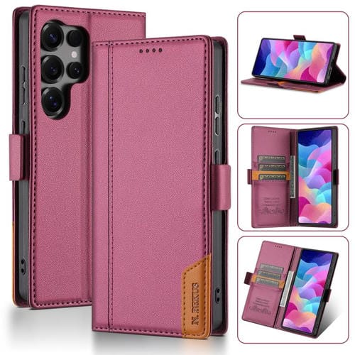 Funda de cuero con tapa magnética y costuras RFID para Samsung Galaxy S23 Ultra 5G N.BEKUS P3 (rojo vino)