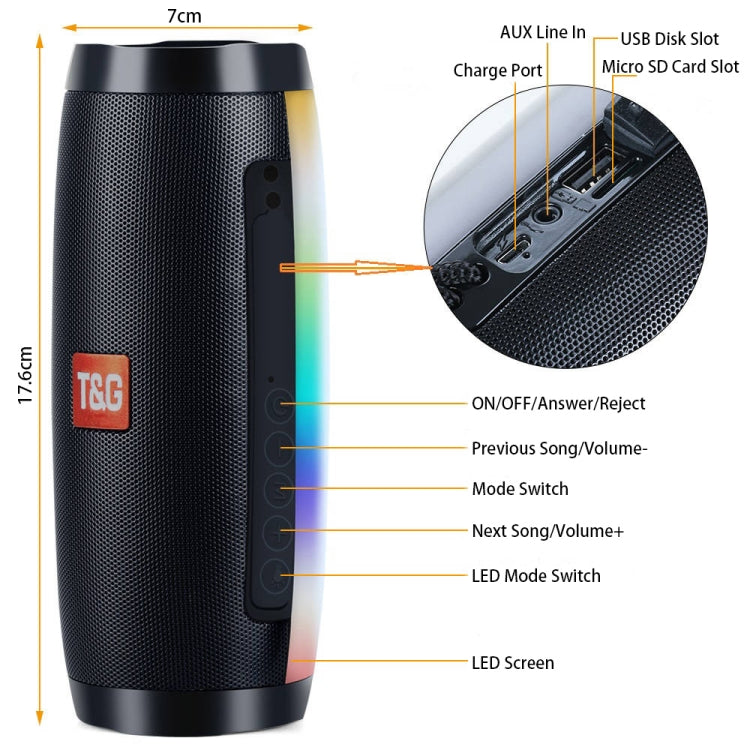 Mini Altavoz Bluetooth T & G Tg157 Bluetooth 4.2 Inalámbrico Portátil con Melody Colorful Lights (Negro)