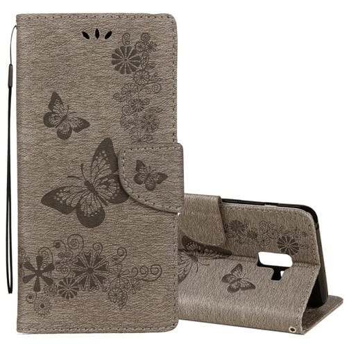 Para Galaxy A8 (2018) Funda de cuero con tapa horizontal con diseño de mariposa floral en relieve vintage con ranura para tarjeta, soporte, billetera y cordón (gris)