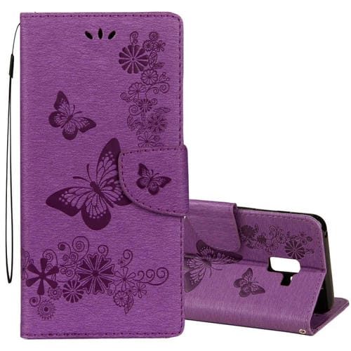 Para Galaxy A8 (2018) Funda de cuero con tapa horizontal con diseño de mariposa floral en relieve vintage con ranura para tarjeta, soporte, billetera y cordón (púrpura)