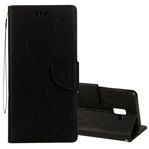 Para Galaxy A8 + (2018) Funda de cuero con tapa horizontal con diseño de mariposa floral en relieve vintage con ranura para tarjeta, soporte, billetera y cordón (negro)