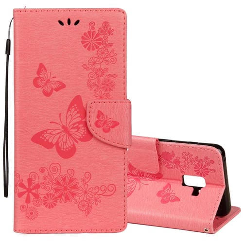 Para Galaxy A8 + (2018) Funda de cuero con tapa horizontal con diseño de mariposa floral en relieve vintage con ranura para tarjeta, soporte, billetera y cordón (rosa)