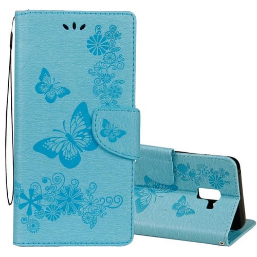 Para Galaxy A8 + (2018) Funda de cuero con tapa horizontal con diseño de mariposa floral en relieve vintage con ranura para tarjeta, soporte, billetera y cordón (azul)