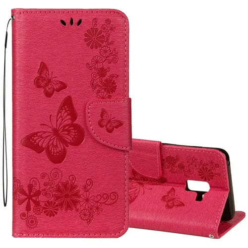 Para Galaxy A8 + (2018) Funda de cuero con tapa horizontal con diseño de mariposa floral en relieve vintage con ranura para tarjeta, soporte, billetera y cordón (rojo)