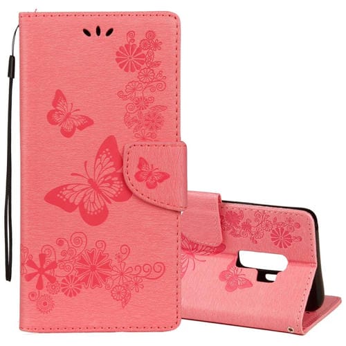 Para Galaxy S9 + Funda de cuero con tapa horizontal con diseño de mariposa floral en relieve vintage con ranura para tarjeta, soporte, billetera y cordón (rosa)