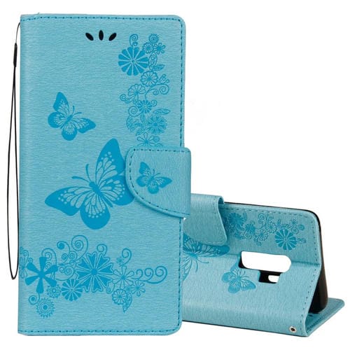 Para Galaxy S9 + Estuche de cuero con tapa horizontal con estampado de mariposa floral en relieve vintage con ranura para tarjeta, soporte, billetera y cordón (azul)