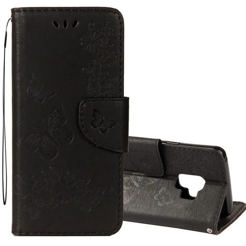 Para Galaxy S9 Funda de cuero con tapa horizontal con diseño de mariposa floral en relieve vintage con ranura para tarjeta, soporte, billetera y cordón (negro)