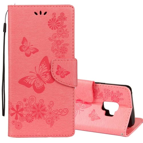 Para Galaxy S9 Funda de cuero con tapa horizontal con diseño de mariposa floral en relieve vintage con ranura para tarjeta, soporte, billetera y cordón (rosa)