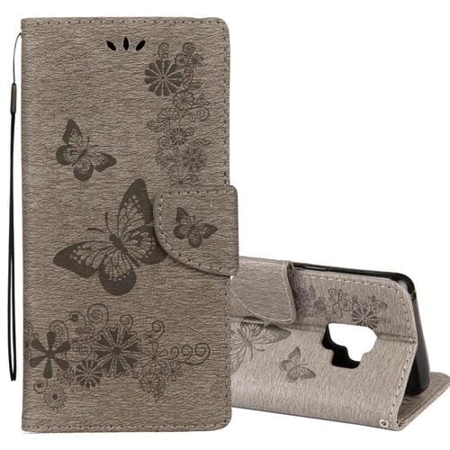 Para Galaxy S9 Funda de cuero con tapa horizontal con diseño de mariposa floral en relieve vintage con ranura para tarjeta, soporte, billetera y cordón (gris)