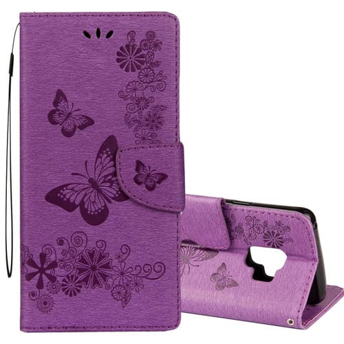 Para Galaxy S9 Funda de cuero con tapa horizontal con diseño de mariposa floral en relieve vintage con ranura para tarjeta, soporte, billetera y cordón (púrpura)