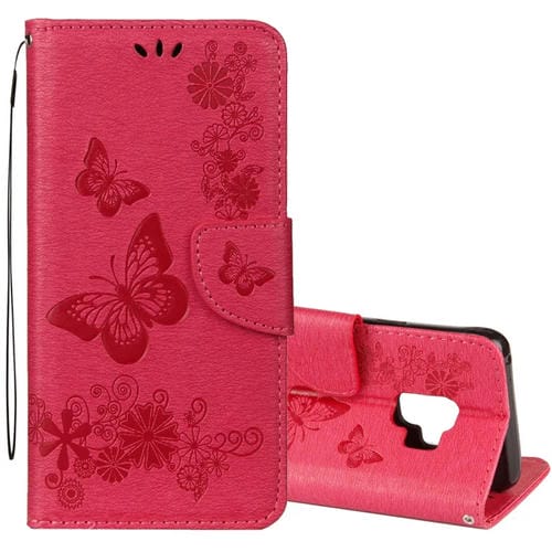 Para Galaxy S9 Funda de cuero con tapa horizontal con diseño de mariposa floral en relieve vintage con ranura para tarjeta, soporte, billetera y cordón (rojo)
