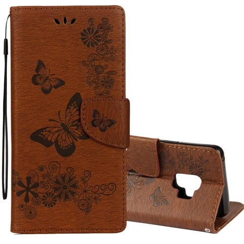 Para Samsung Galaxy S9 Funda de cuero con tapa horizontal con diseño de mariposa floral en relieve vintage con ranura para tarjeta, soporte, billetera y cordón (marrón)