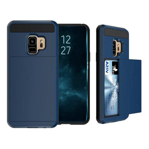 Para Galaxy S9 Funda protectora trasera desmontable a prueba de caídas con ranura para tarjeta deslizante (azul marino)