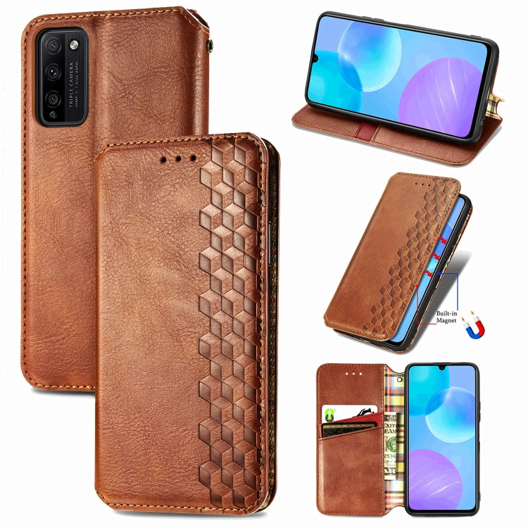 Para Huawei Honor 30 Lite Estuche de cuero PU magnético con rejilla cúbica presionada horizontalmente con soporte, ranuras para tarjetas y billetera (marrón)