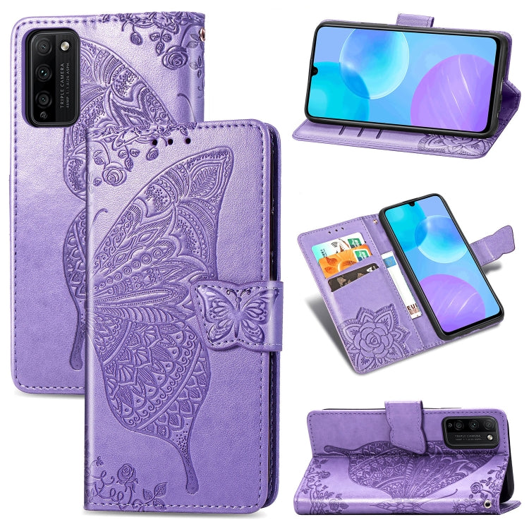 Para Huawei Honor 30 Lite Butterfly Love Flower Funda de cuero con tapa horizontal en relieve con soporte, ranuras para tarjetas, billetera y cordón (morado claro)