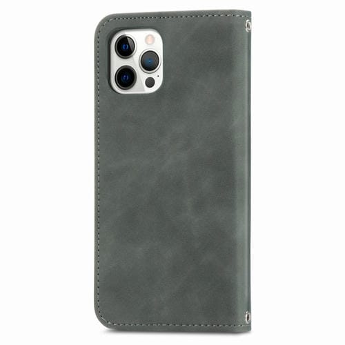 Funda de Cuero para iPhone 12 Pro Max con Tapa Horizontal Magnética Soporte Ranuras Tarjetas Billetera Marco Fotos (Gris)