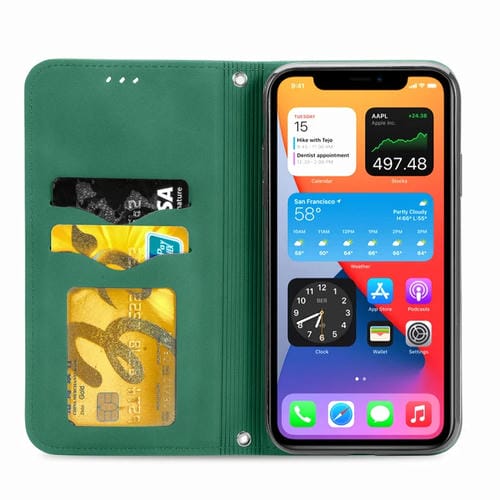 Funda para iPhone 12/12 Pro Business Cuero con Tapa Horizontal Magnética Soporte Ranuras Tarjetas Billetera Marco Fotos (Verde)