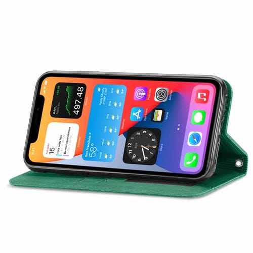 Funda para iPhone 12/12 Pro Business Cuero con Tapa Horizontal Magnética Soporte Ranuras Tarjetas Billetera Marco Fotos (Verde)