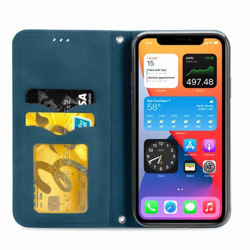 Funda para iPhone 12 Mini de Cuero con Tapa Horizontal Magnética, Soporte, Ranuras para Tarjetas y Billetera (Azul)