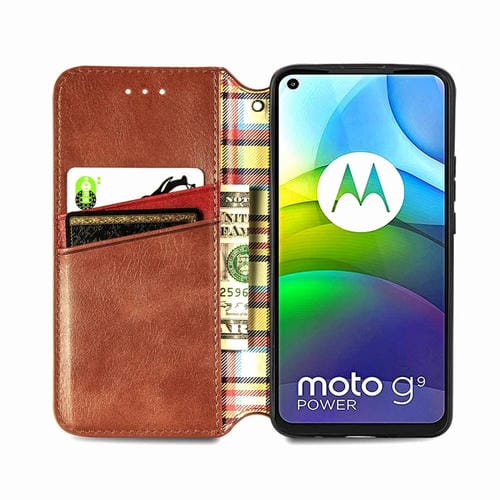 Para Motorola G9 power Cubic Grid Estuche de cuero sintético magnético con tapa horizontal presionado con soporte, ranuras para tarjetas y billetera (marrón)