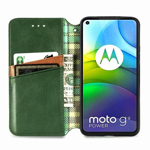 Para Motorola G9 power Cubic Grid Estuche de cuero sintético magnético con tapa horizontal presionado con soporte, ranuras para tarjetas y billetera (verde)