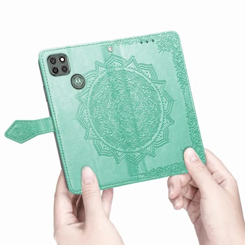 Para Motorola G9 Power Mandala Flower Flower Horizontal Flip Funda de cuero con soporte y tragamonedas de tres tarjetas y billetera y cordón (verde)