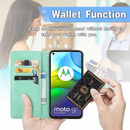 Para Motorola G9 Power Mandala Flower Flower Horizontal Flip Funda de cuero con soporte y tragamonedas de tres tarjetas y billetera y cordón (verde)