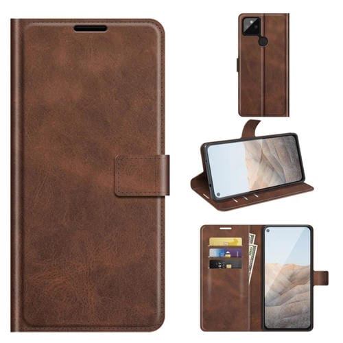 Para Google Pixel 5A Retro Becerro Patrón Hebilla Funda de cuero Horizontal Flip Funda con soporte y ranuras para tarjetas (marrón oscuro)