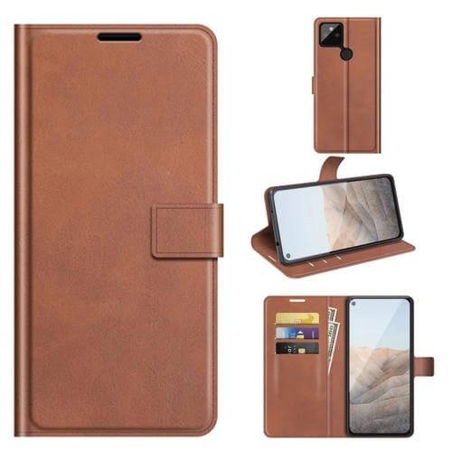 Para Google Pixel 5A Retro Becerro patrón Hebilla Horizontal Flip Funda de cuero con soporte y tragamonedas y billetera (marrón claro)