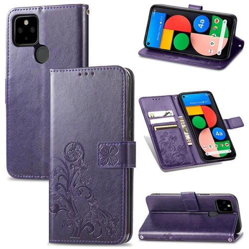 Para Google Pixel 5a Cierre de cuatro hojas con hebilla en relieve Protección de teléfono móvil Funda de cuero con cortante y ranura para la tarjeta y la función de la billetera y el soporte (púrpura)