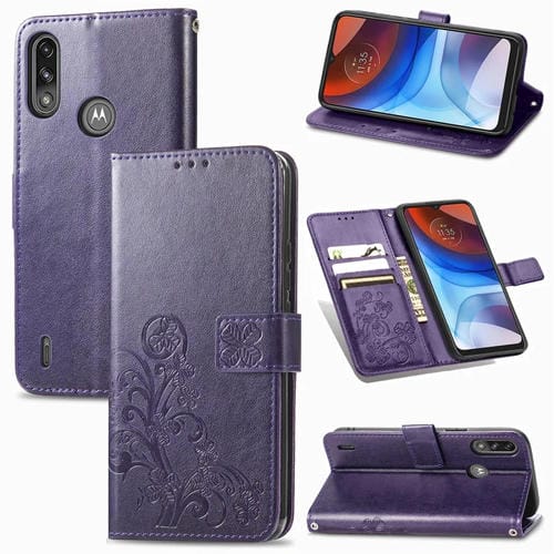 Para Motorola E7 Potencia Cierre de cuatro hojas con hebilla en relieve Protección de teléfono móvil Funda de cuero con ranura para cordones y tarjetas y función de soporte y soporte (púrpura)