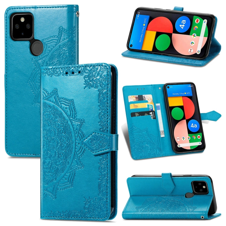 Para Google Pixel 5a Mandala Flower FLIP Horizontal Funda de cuero con soporte / ranura para tarjeta / billetera / cordón (azul)