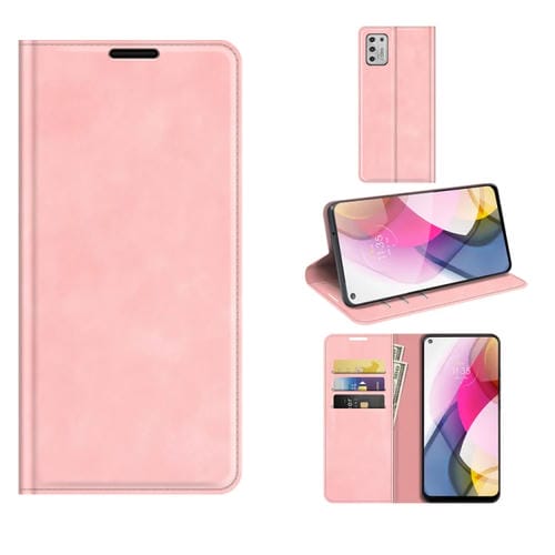 Para Motorola Moto G Stylus 2021 Caja de cuero de succión magnética de la succión magnética del negocio con soporte y tragamonedas y billetera (rosa)