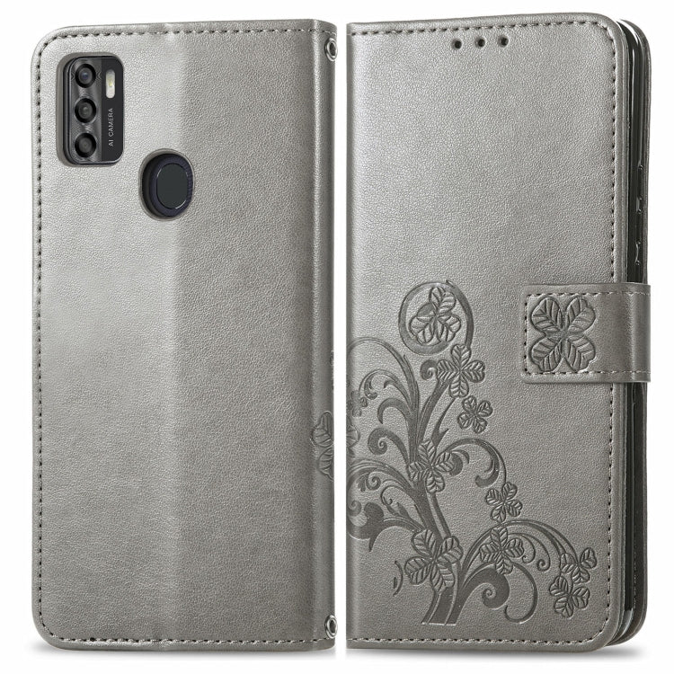 Para ZTE A7S 2020 Cierre de cuatro hojas con hebilla en relieve Protección de teléfono móvil Funda de cuero con cordón y tarjetas Slot & Wallet y función de soporte (gris)