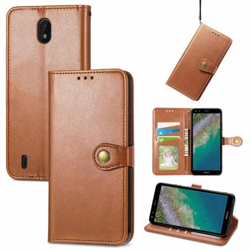 Para Nokia C01 Plus Color de Color Sólido Caja de la Hebilla de Cuero con Lanyard & Photo Frame & Tarjeta Slot & Wallet Función (BRWON)