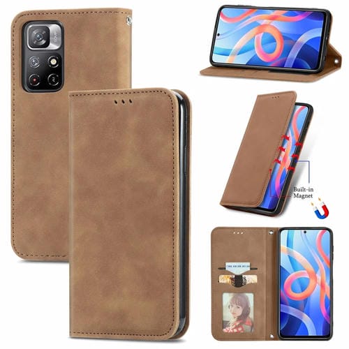 Para Xiaomi Redmi Note 11 Siente retro Siente Magnetic Horizontal Flip Funda de cuero (Marrón)