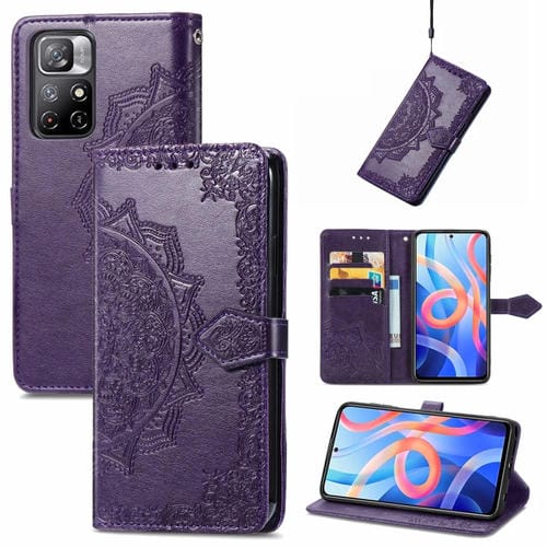 Mandala Flower Funda de cuero con estampado en relieve para Xiaomi Redmi Note 11 (púrpura)