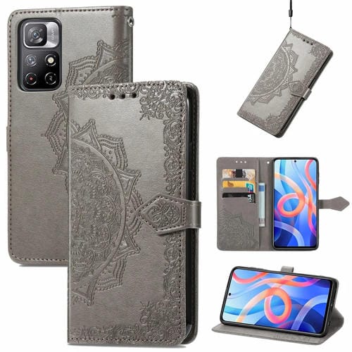 Mandala Flower Funda con estampado en relieve de cuero para Xiaomi Redmi Note 11 (gris)