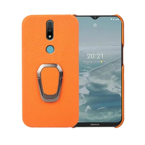 Para Nokia 2.4 Ring Holder Litchi Texture Funda de teléfono de cuero genuino (Amarillo)