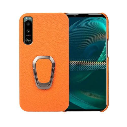 Para Sony Xperia 5 III Ring Holder Litchi Texture Funda de teléfono de cuero genuino (Amarillo)