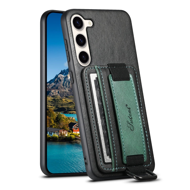 Para Samsung Galaxy S23+ 5G Suteni H13 Tarjeta Monedero Correa de muñeca Titular PU Caja del teléfono (Negro)