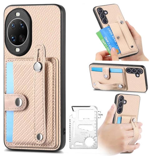 Funda trasera para Huawei nova 14 Pro con correa de muñeca, soporte para tarjetas, billetera y cuchillo (caqui)